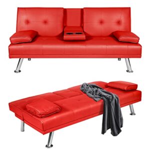 lamerge faux leather futon sofa bed upholstered modern convertible small couch adjustable sleeper for compact living space,removable armrests,metal legs,2 cupholders, red, 65.7''l x 18.8''w x 29.5''h