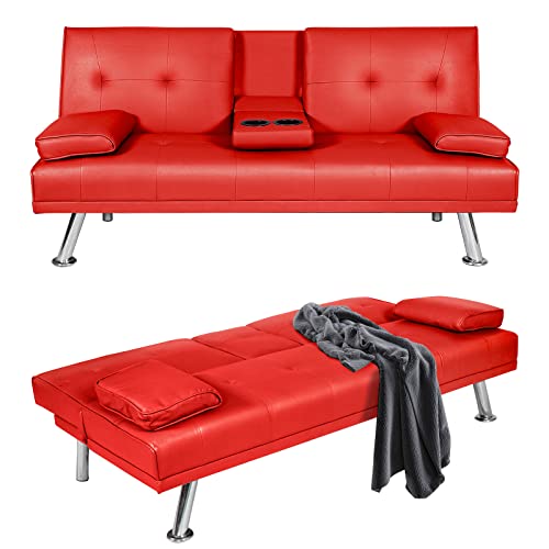 Lamerge Faux Leather Futon Sofa Bed Upholstered Modern Convertible Small Couch Adjustable Sleeper for Compact Living Space,Removable Armrests,Metal Legs,2 Cupholders, Red, 65.7''L x 18.8''W x 29.5''H