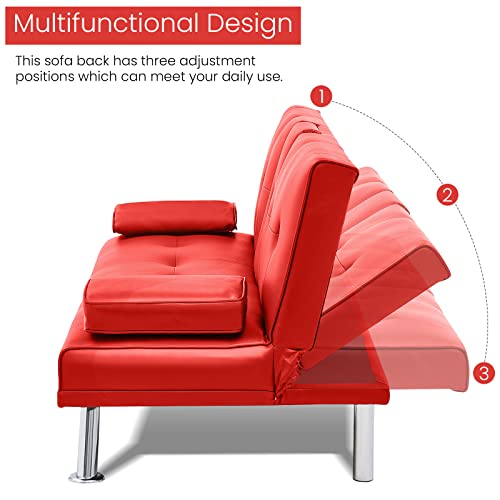 Lamerge Faux Leather Futon Sofa Bed Upholstered Modern Convertible Small Couch Adjustable Sleeper for Compact Living Space,Removable Armrests,Metal Legs,2 Cupholders, Red, 65.7''L x 18.8''W x 29.5''H