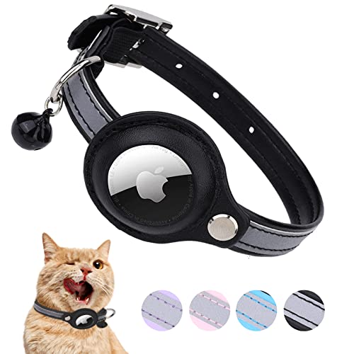 AirTag Cat Collar, Adjustable Reflective GPS Cat Collar, Integrated Apple Airtag Kitten Collar, with Air Tag Holder and Bell for Kitten Cat Puppy (Black)