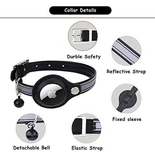 AirTag Cat Collar, Adjustable Reflective GPS Cat Collar, Integrated Apple Airtag Kitten Collar, with Air Tag Holder and Bell for Kitten Cat Puppy (Black)