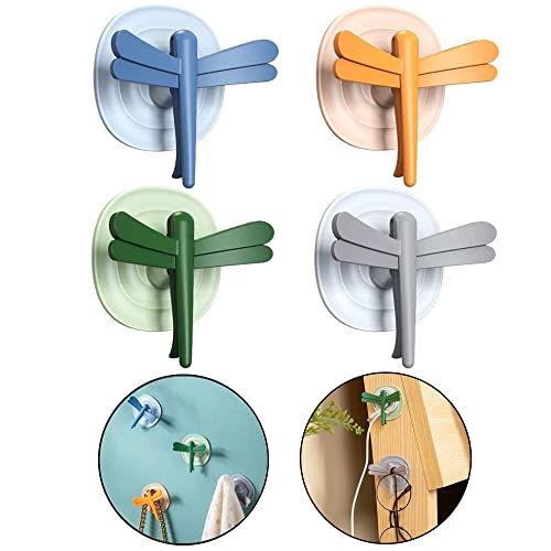 Defrko Multifunction Wall Hooks, Reusable Dragonfly Seamless Adhesive Holders, Decorative Hooks for Coat Towel Waterproof Bathroom Kitchen Hanging Heavy Duty, 4 Pcs