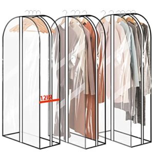 40" garment bags for hanging clothes storage with 12" gussetes, 3 pack double zip closure clear dust storage cover, moving bags for coat jacket sweater shirts - 40*24*12 inch