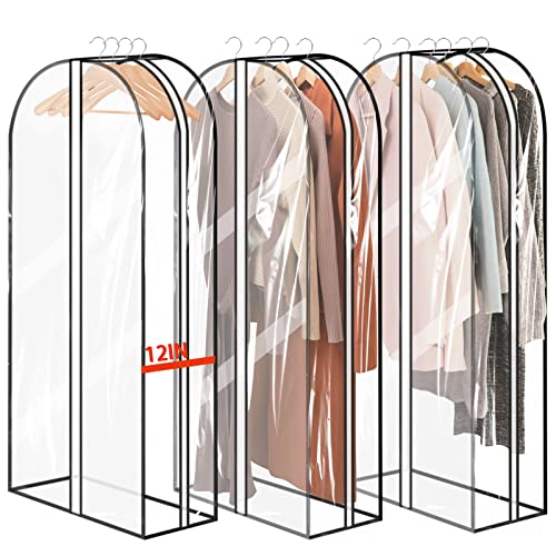 40" Garment Bags for Hanging Clothes Storage with 12" Gussetes, 3 Pack Double Zip Closure Clear Dust Storage Cover, Moving Bags for Coat Jacket Sweater Shirts - 40*24*12 inch