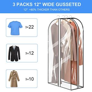 40" Garment Bags for Hanging Clothes Storage with 12" Gussetes, 3 Pack Double Zip Closure Clear Dust Storage Cover, Moving Bags for Coat Jacket Sweater Shirts - 40*24*12 inch