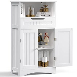 gizoon bathroom storage cabinet with large drawer & door, freestanding floor storage cabinet organizer for bedroom, living room, entryway, office, space saving, white