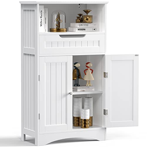 Gizoon Bathroom Storage Cabinet with Large Drawer & Door, Freestanding Floor Storage Cabinet Organizer for Bedroom, Living Room, Entryway, Office, Space Saving, White