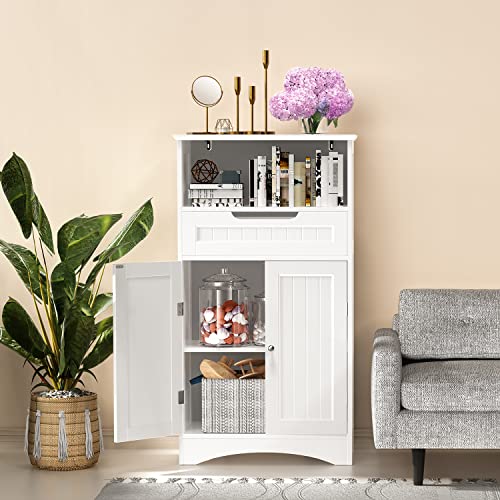 Gizoon Bathroom Storage Cabinet with Large Drawer & Door, Freestanding Floor Storage Cabinet Organizer for Bedroom, Living Room, Entryway, Office, Space Saving, White