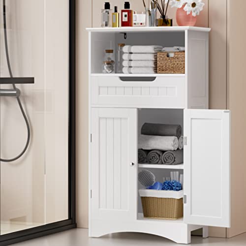 Gizoon Bathroom Storage Cabinet with Large Drawer & Door, Freestanding Floor Storage Cabinet Organizer for Bedroom, Living Room, Entryway, Office, Space Saving, White