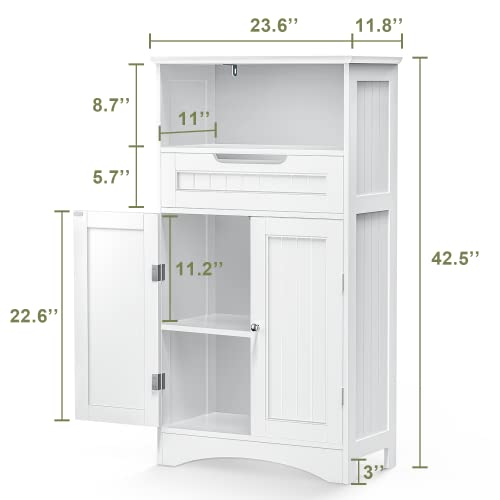 Gizoon Bathroom Storage Cabinet with Large Drawer & Door, Freestanding Floor Storage Cabinet Organizer for Bedroom, Living Room, Entryway, Office, Space Saving, White