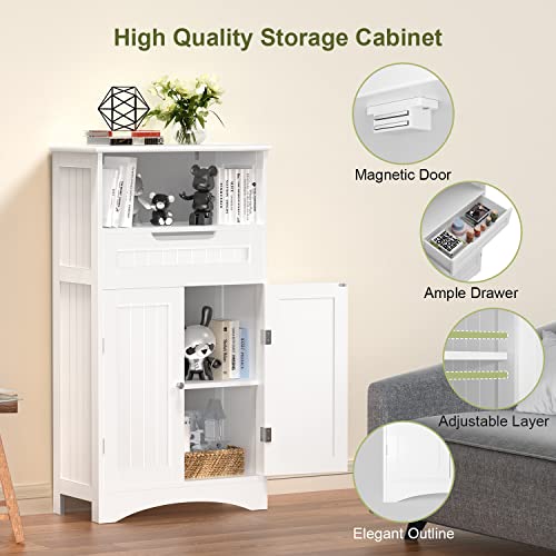 Gizoon Bathroom Storage Cabinet with Large Drawer & Door, Freestanding Floor Storage Cabinet Organizer for Bedroom, Living Room, Entryway, Office, Space Saving, White