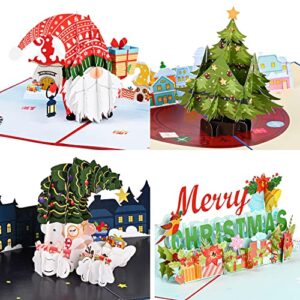 mocoosy 4 pack 3d pop up christmas cards set, 5" x 7" xmas popup greeting cards for kids, holiday blank greeting cards with envelopes for winter new year include gnome santa christmas tree merry christmas