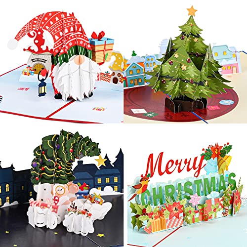 Mocoosy 4 Pack 3D Pop Up Christmas Cards Set, 5" x 7" Xmas Popup Greeting Cards for Kids, Holiday Blank Greeting Cards with Envelopes for Winter New Year Include Gnome Santa Christmas Tree Merry Christmas