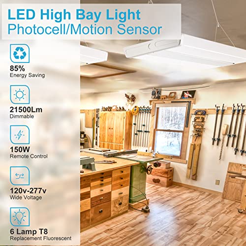 Lightdot Multifunction 2FT LED High Bay Light, Brightness/Timer/Motion Distance Adjustable Commercial LED Shop Light, 150W[Eqv.600W MH/HPS] Remote Control Energy Saving Upto 5600KW*4/5Yrs(5Hrs/Day)