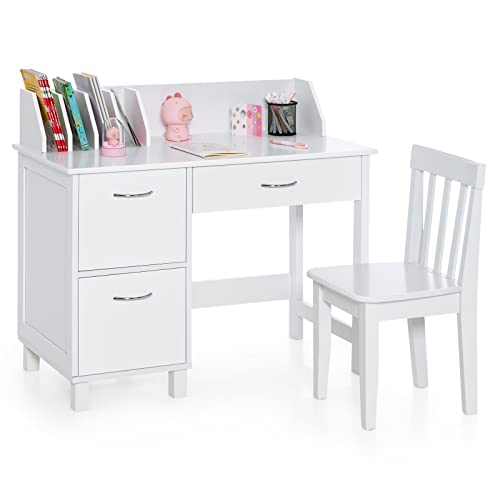 Costzon Kids Desk and Chair Set, Children Wooden School Learning Table w/Drawer & Storage Cabinets, Student Writing Computer Workstation for Bedroom & Study Room, Gift for Ages 3-8 (White)