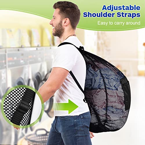 OTraki 28 x 36 inch Mesh Laundry Backpack Bag, Large Travel Laundry Bags with Shoulder Straps, Heavy Duty Drawstring Mesh Bag for Clothes Sports Soccer Ball Dorm Room Essentials (Black)