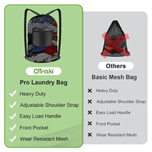 OTraki 28 x 36 inch Mesh Laundry Backpack Bag, Large Travel Laundry Bags with Shoulder Straps, Heavy Duty Drawstring Mesh Bag for Clothes Sports Soccer Ball Dorm Room Essentials (Black)