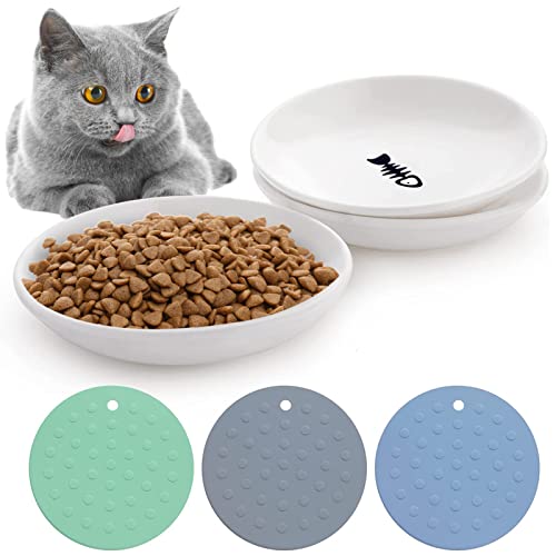 BNOSDM 3 Pcs Ceramic Cat Bowl Shallow Kitten Dishes with Anti-Slip Mat Whisker Fatigue Free Pet Plates for Indoor Small Cat Puppy