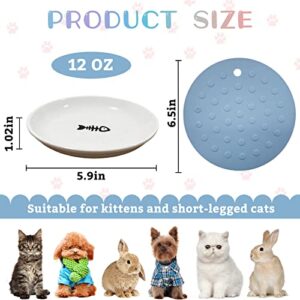 BNOSDM 3 Pcs Ceramic Cat Bowl Shallow Kitten Dishes with Anti-Slip Mat Whisker Fatigue Free Pet Plates for Indoor Small Cat Puppy