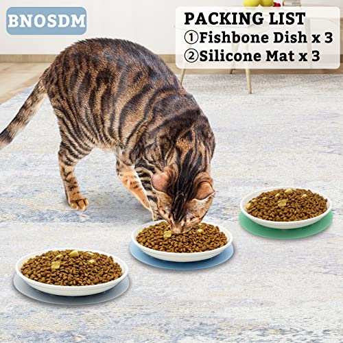 BNOSDM 3 Pcs Ceramic Cat Bowl Shallow Kitten Dishes with Anti-Slip Mat Whisker Fatigue Free Pet Plates for Indoor Small Cat Puppy