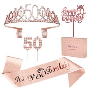 50th birthday decorations women, fusisi 50th birthday sash, crown/tiara, 50th candles and happy birthday cake toppers - 50th birthday gifts for women, rose gold