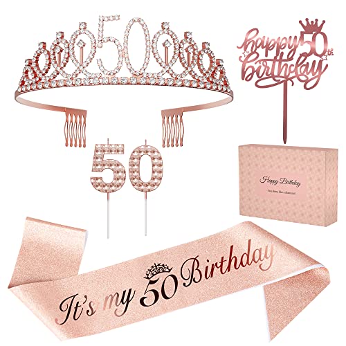 50th Birthday Decorations Women, Fusisi 50th Birthday Sash, Crown/Tiara, 50th Candles and Happy Birthday Cake Toppers - 50th Birthday Gifts for Women, Rose Gold