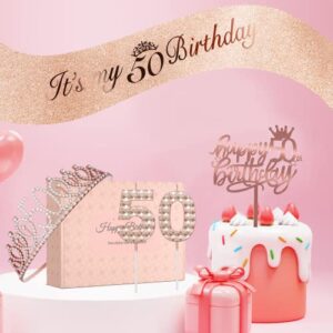 50th Birthday Decorations Women, Fusisi 50th Birthday Sash, Crown/Tiara, 50th Candles and Happy Birthday Cake Toppers - 50th Birthday Gifts for Women, Rose Gold