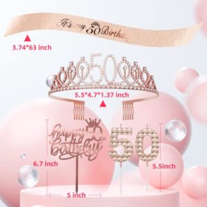 50th Birthday Decorations Women, Fusisi 50th Birthday Sash, Crown/Tiara, 50th Candles and Happy Birthday Cake Toppers - 50th Birthday Gifts for Women, Rose Gold