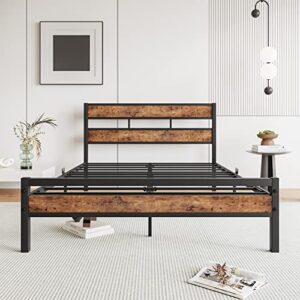 hojinlinero full size bed frame with wood headboard and footboard,platform bed frame full no box spring needed,noise-free,heavy duty slats support,easy assembly,rustic brown