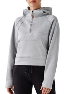 urbest women's hoodies fleece lined collar pullover half zipper sweatshirts long sleeve crop sweater tops with thumb hole light grey s