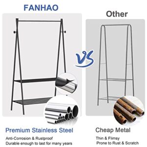 FANHAO Clothing Rack for Hanging Clothes, Sturdy Stainless Steel Clothes Rack with 2-Tier Shelf and 4 Hooks, Freestanding Garment Rack, Easy to Assemble Hanger Rack, Matte Black