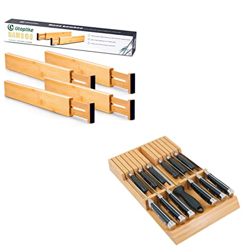 Utoplike 4 Pack Large Bamboo Kitchen Drawer Dividers and Bamboo Kitchen 12 Knife Drawer Organizer