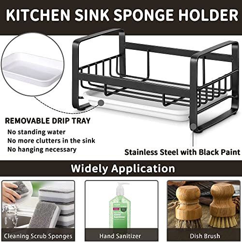 YVMVDV Kitchen Sink Caddy Sponge Holder for Sink, 304 Stainless Steel Sink Caddy Organizer with Drain Pan,Kitchen Organizer Soap Brush Dispenser with Brush Dishrag Holder Rack (Black)