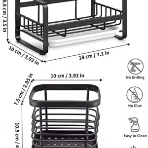 YVMVDV Kitchen Sink Caddy Sponge Holder for Sink, 304 Stainless Steel Sink Caddy Organizer with Drain Pan,Kitchen Organizer Soap Brush Dispenser with Brush Dishrag Holder Rack (Black)