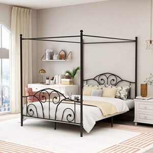 ryr queen size canopy bed frame four poster metal platform bed with headboard footboard, no box spring needed black
