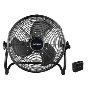seyas rechargeable outdoor floor fan, 12'' portable 5200mah battery operated fan, 30w wall charger 2 port power adapter