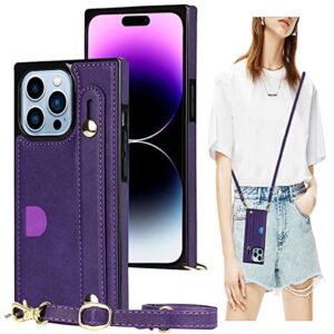 ccsmall case for apple iphone 14 pro with card slot holder, removable adjustable shoulder strap lanyard crossbody neck purse phone case for iphone 14 pro kb purple