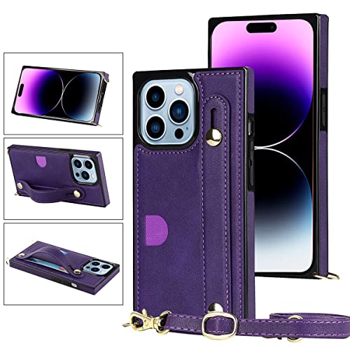 CCSmall Case for Apple iPhone 14 Pro with Card Slot Holder, Removable Adjustable Shoulder Strap Lanyard Crossbody Neck Purse Phone Case for iPhone 14 Pro KB Purple