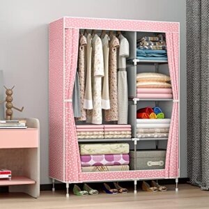 wardrobe portable closet clothes storage organizer with pink fabric cover and hanging rails, quick and easy to assemble, extra sturdy, clothing storage closet shelves for bedroom, cloakroom, apartment