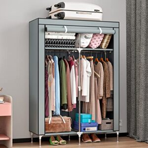 tie-dailynec closet portable wardrobe clothes storage organizer with hanging rails, non-woven fabric wardrobe freestanding storage shelves, durable & easy assembly closet (silver gray)