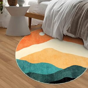 Sungea Abstract Round Rug for Bedroom 4ft, Faux Wool Soft Area Circle Rug, Farmhouse Washable Low Pile Throw Rugs, Carpet for Living Room Sofa Nursery Kids Room Decor