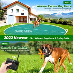 BHCEY Wireless Dog Fence,Electric Fence & Remote Training Collar,Adjustable Vibration & Shock,Wireless Boundary Contaiment,IP65 Waterproof Training Collar for All Dogs (for 2 Dogs)