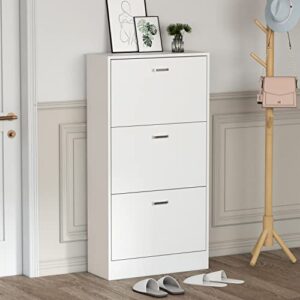 hitow shoe storage cabinet, narrow shoe cabinet with 3 flip drawers & adjustable shelf, space saving entryway freestanding shoe rack, white (23.6" w x 9.4" d x 45.5" h)