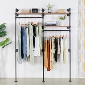 edcb wall mounted industrial pipe clothing rack with 2 tier storage shelf, black heavy duty metal clothes racks vintage retail garment rack for hanging clothes retail display, boutiques