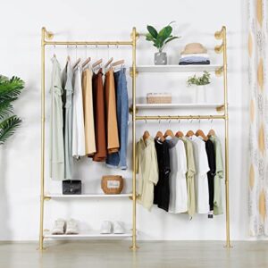 edcb gold clothing rack heavy duty garment rack with 4 tier shelves, free-standing industrial pipe clothes rack display rack on wall for hanging clothes retail display, boutiques