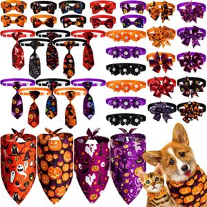 40 Pcs Halloween Dog Bow Ties Set 26 Halloween Pet Bowties 10 Ghost Pumpkin Pet Necktie 4 Dog Bandana Halloween Dog Grooming Accessories for Dog Cat Pet Decor (Ghost Style)