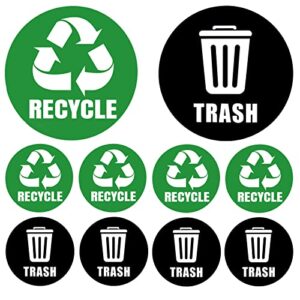 recycle sticker for trash can 10 pack recycle and trash logo symbol self adhesive trash sign decals waterproof pvc garbage can labels (green, black, 5x 5 inches round)