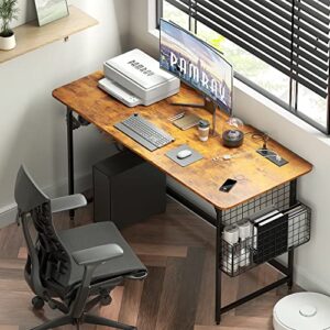 Pamray 40 inch Computer Desk with Built-in Outlet & USB Charging Port Home Office Desk with Cable Trough and Under Desk Cable Management for Work and Gaming Brown