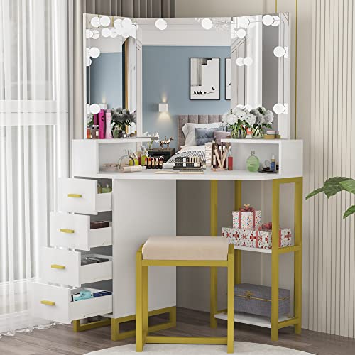 PAKASEPT Corner Vanity Set with Three-Fold Mirror & Light Bulbs, Women Makeup Desk with 4 Storage Drawers for Small Spaces, Bedroom