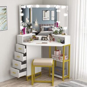 PAKASEPT Corner Vanity Set with Three-Fold Mirror & Light Bulbs, Women Makeup Desk with 4 Storage Drawers for Small Spaces, Bedroom